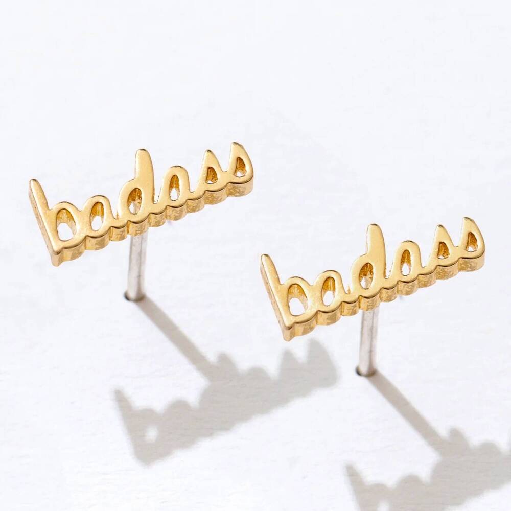 NEW LARISSA LODEN women's badass script studs earring in gold plated